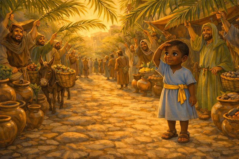 Boy with deep skin and dark hair in Palm Sunday scene