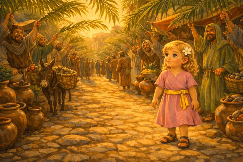 Girl with fair skin and blonde hair in Palm Sunday scene
