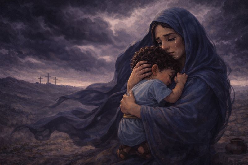 Mary comforting child at the cross