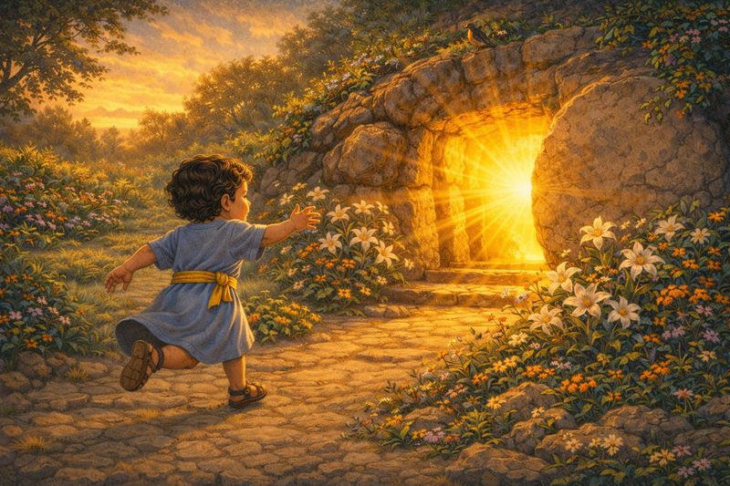 Boy running to the empty tomb